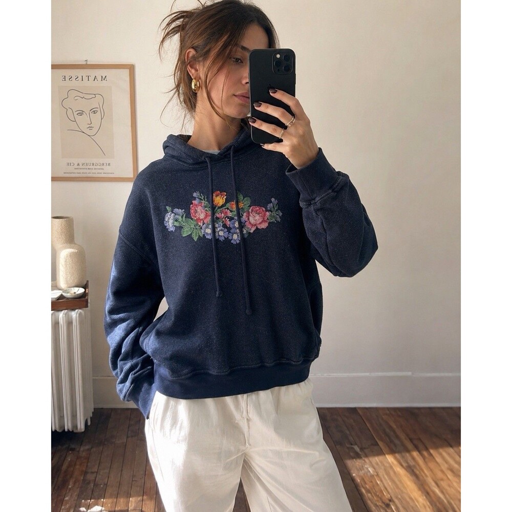 Xirena Hoodie XS Floral Rhinestone Navy Sweatshirt Made USA Grandmacore Coastal